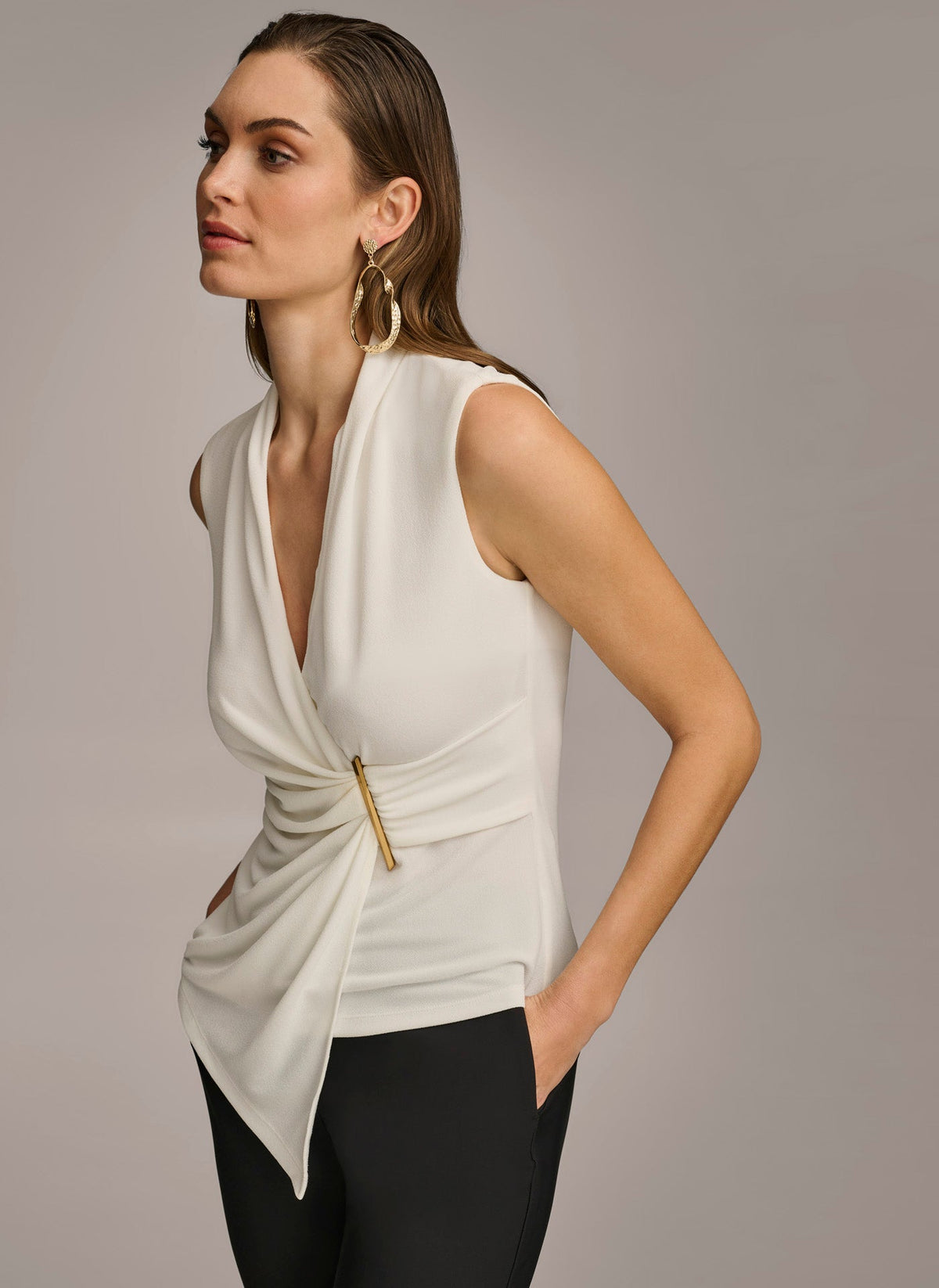 V NECK WITH HARDWARE AND RUCHED DETAIL - Cream