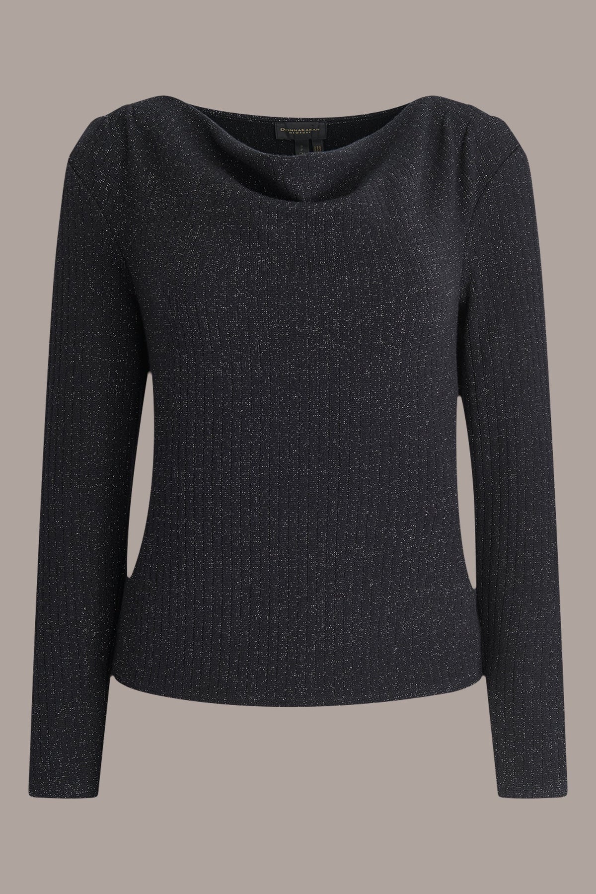 METALLIC COWL-NECK RIB-KNIT BLOUSE - BLACK