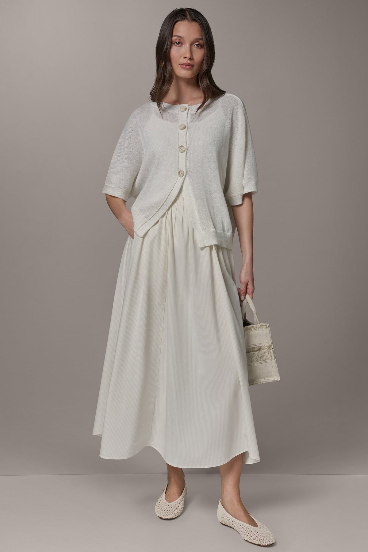 SHORT SLEEVE EASY CARDIGAN - Cream