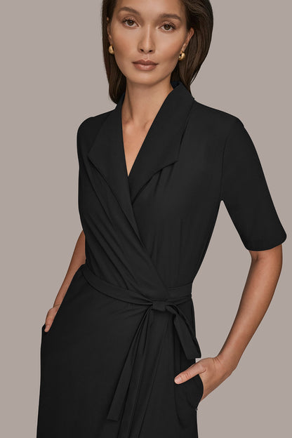 THE MODERN TRAVEL ELBOW-SLEEVE MIDI WRAP DRESS - Black