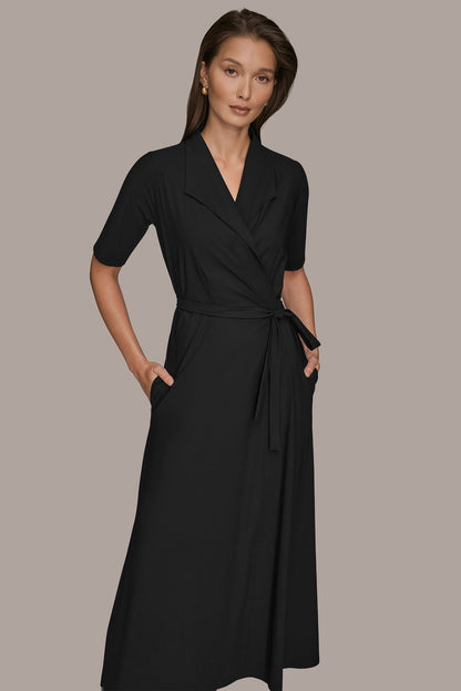 THE MODERN TRAVEL ELBOW-SLEEVE MIDI WRAP DRESS - Black