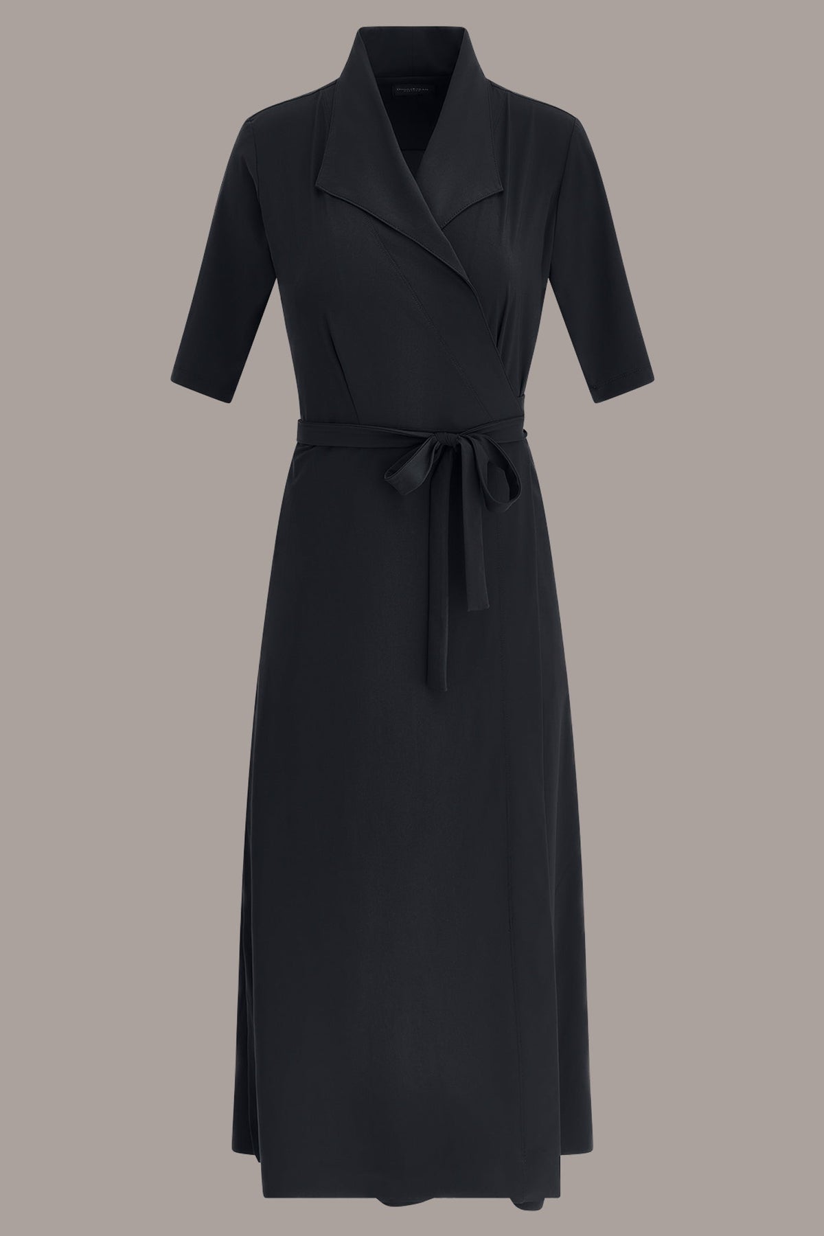 THE MODERN TRAVEL ELBOW-SLEEVE MIDI WRAP DRESS - Black
