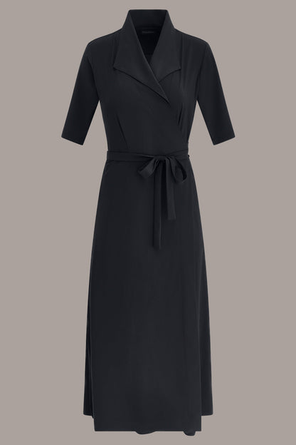 THE MODERN TRAVEL ELBOW-SLEEVE MIDI WRAP DRESS - Black