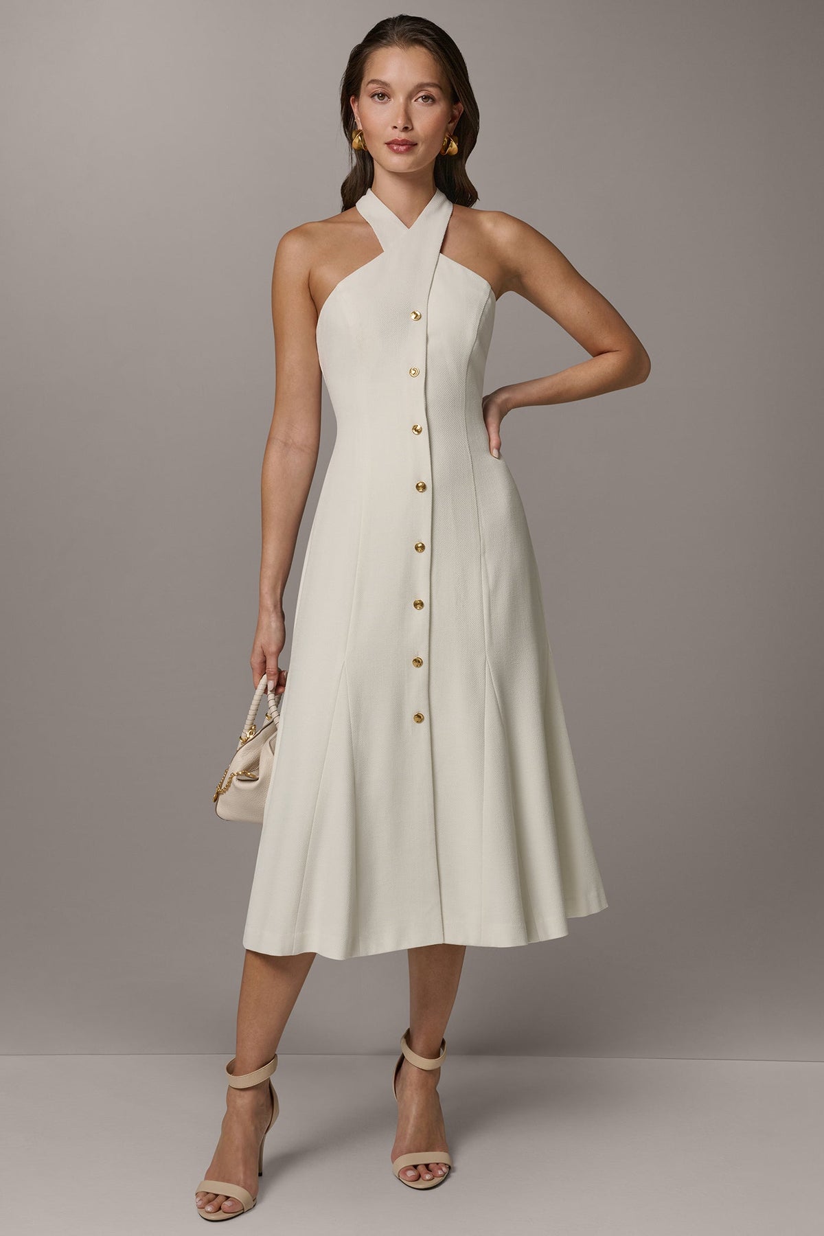 SLEEVELESS CROSS-FRONT MIDI HALTER DRESS - Cream