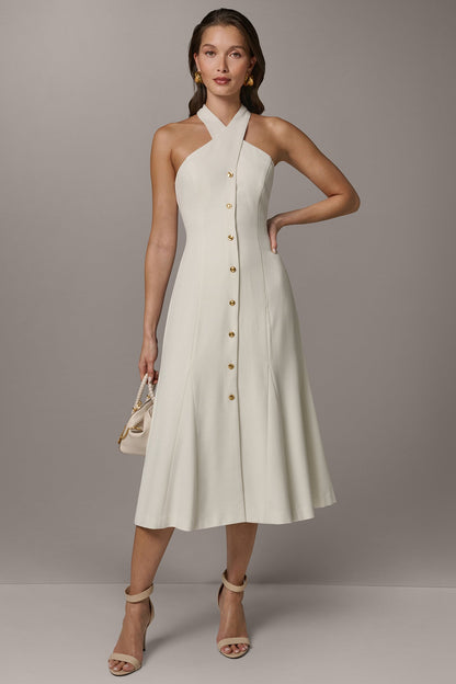 SLEEVELESS CROSS-FRONT MIDI HALTER DRESS - Cream