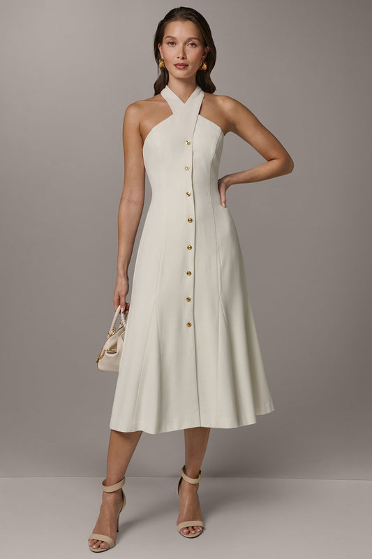 SLEEVELESS CROSS-FRONT MIDI HALTER DRESS - Cream
