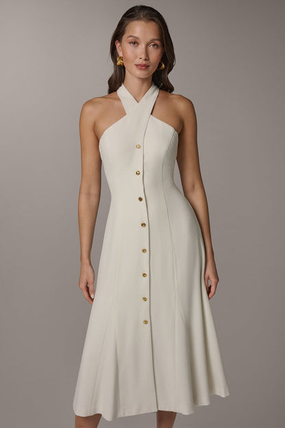 SLEEVELESS CROSS-FRONT MIDI HALTER DRESS - Cream