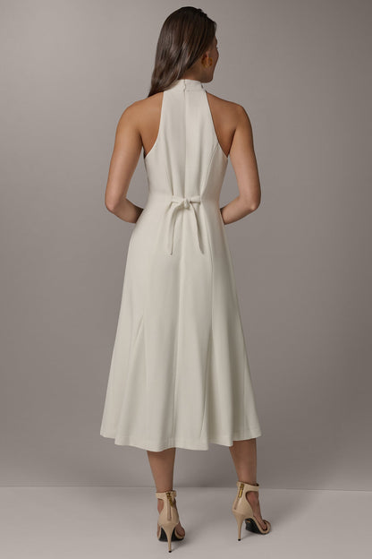 SLEEVELESS CROSS-FRONT MIDI HALTER DRESS - Cream