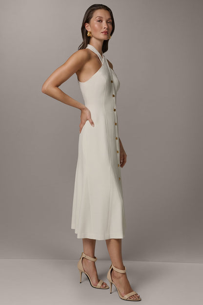 SLEEVELESS CROSS-FRONT MIDI HALTER DRESS - Cream