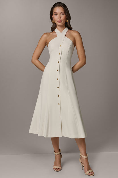 SLEEVELESS CROSS-FRONT MIDI HALTER DRESS - Cream