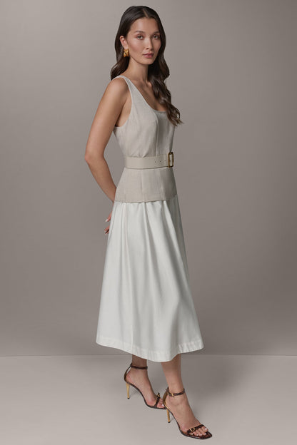 SLEEVELESS MIDI FIT AND FLARE DRESS - Natural Combo