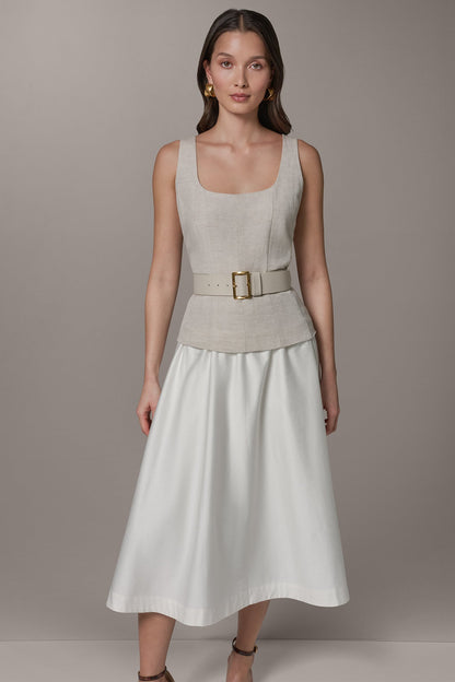 SLEEVELESS MIDI FIT AND FLARE DRESS - Natural Combo