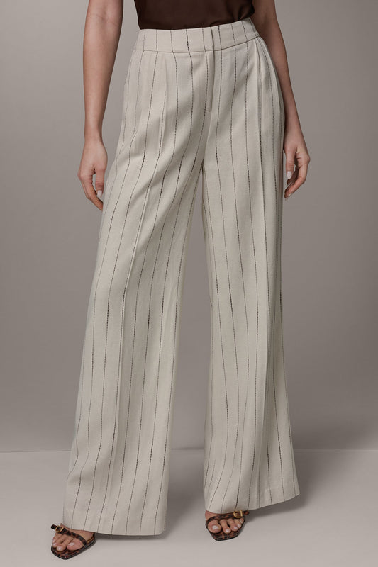 MID-RISE PINSTRIPE PLEATED WIDE-LEG PANT - Flax/Canyon