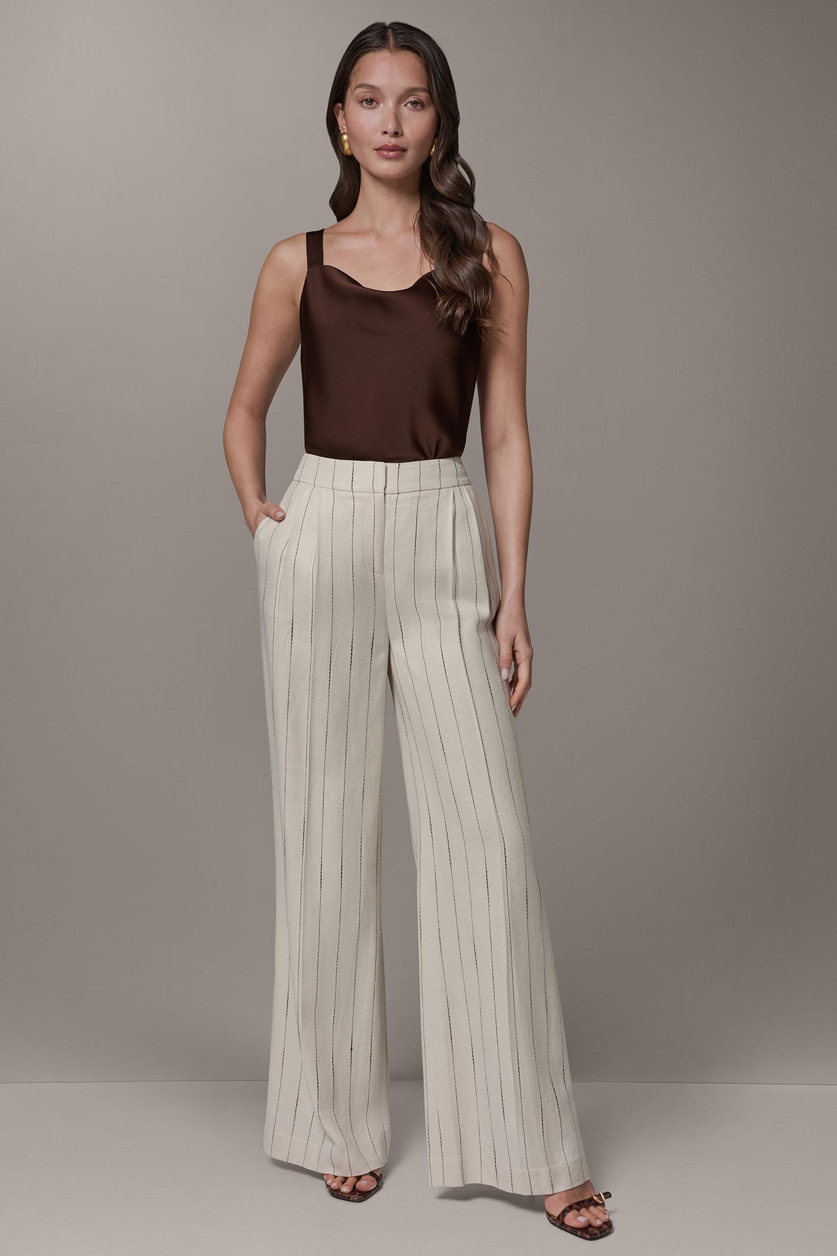 MID-RISE PINSTRIPE PLEATED WIDE-LEG PANT - Flax/Canyon