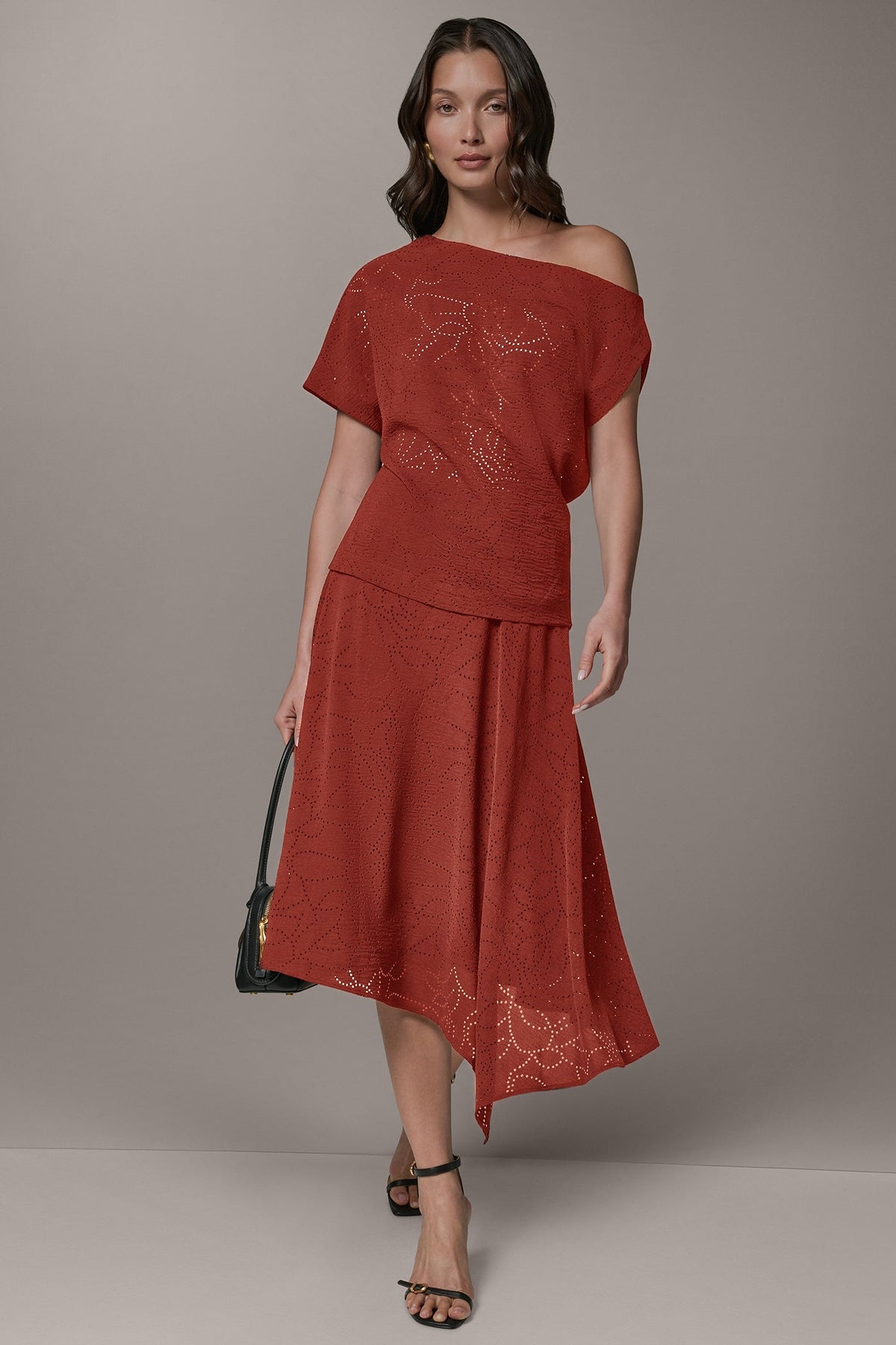 LASER CUT ASYMMETRIC MIDI SKIRT - Sunbaked