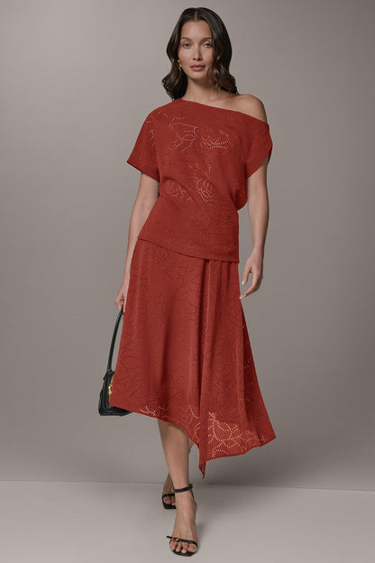 LASER CUT ASYMMETRIC MIDI SKIRT - Sunbaked