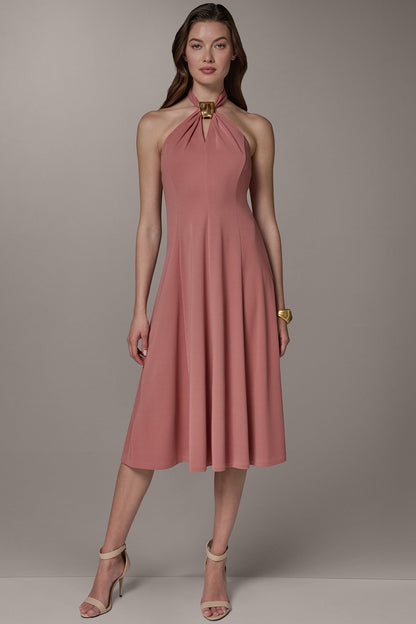 SLEEVELESS MIDI A-LINE HALTER DRESS - Desert Clay