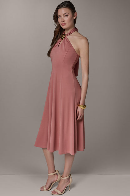 SLEEVELESS MIDI A-LINE HALTER DRESS - Desert Clay