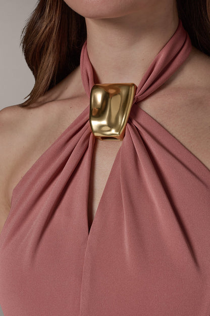 SLEEVELESS MIDI A-LINE HALTER DRESS - Desert Clay