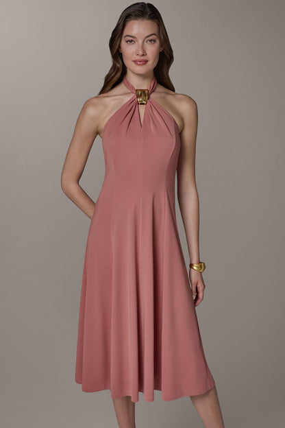 SLEEVELESS MIDI A-LINE HALTER DRESS - Desert Clay