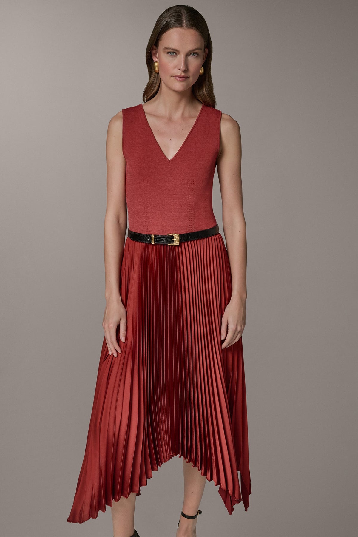 SLEEVELESS MIDI MIXED MEDIA DRESS - Sunbaked