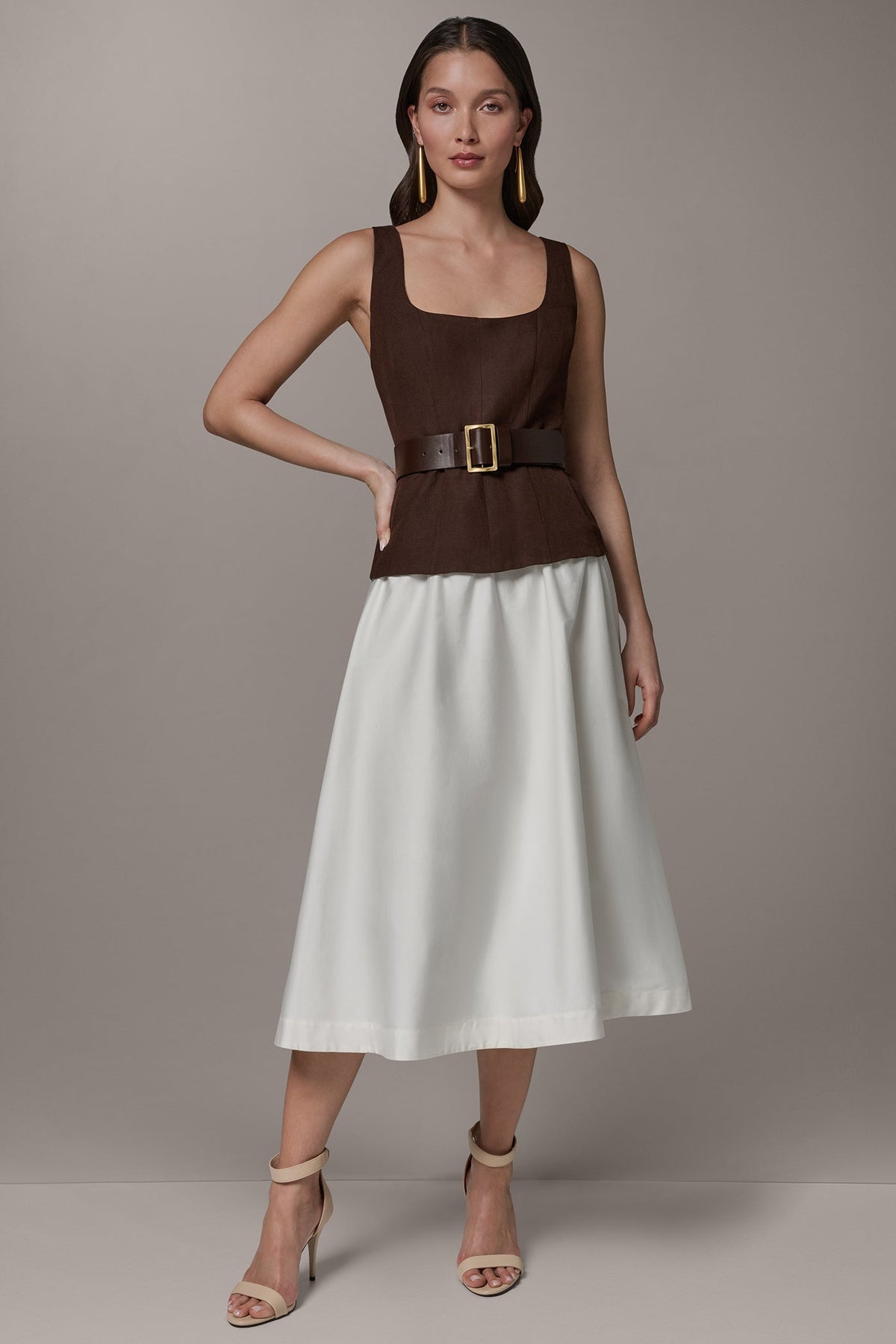 SLEEVELESS MIDI FIT AND FLARE DRESS - Canyon/Cream