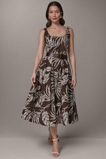 SLEEVELESS SQUARE NECK PRINTED BELTED MIDI FIT AND FLARE DRESS - Canyon Multi