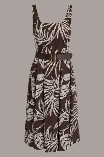 SLEEVELESS SQUARE NECK PRINTED BELTED MIDI FIT AND FLARE DRESS - Canyon Multi