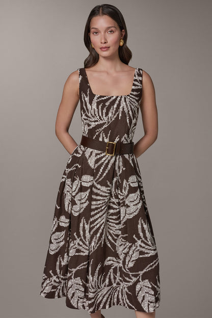 SLEEVELESS SQUARE NECK PRINTED BELTED MIDI FIT AND FLARE DRESS - Canyon Multi