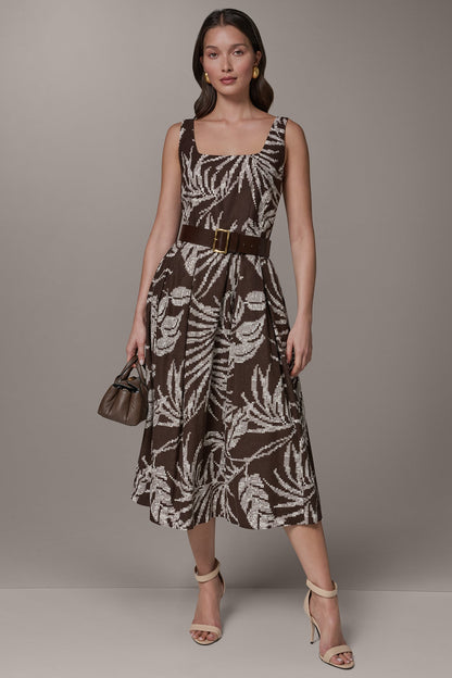 SLEEVELESS SQUARE NECK PRINTED BELTED MIDI FIT AND FLARE DRESS - Canyon Multi