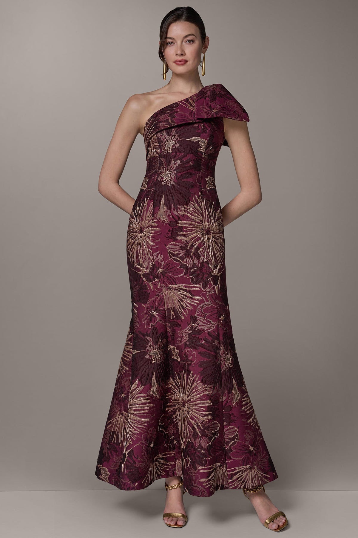 ONE SHOULDER FLORAL TRUMPET GOWN - Prune Multi