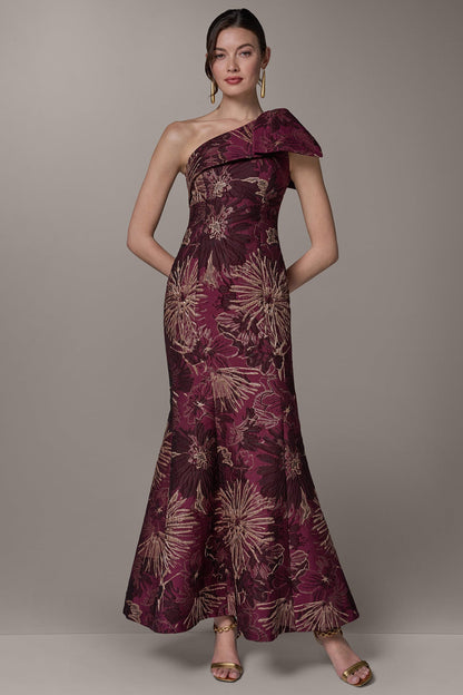 ONE SHOULDER FLORAL TRUMPET GOWN - Prune Multi