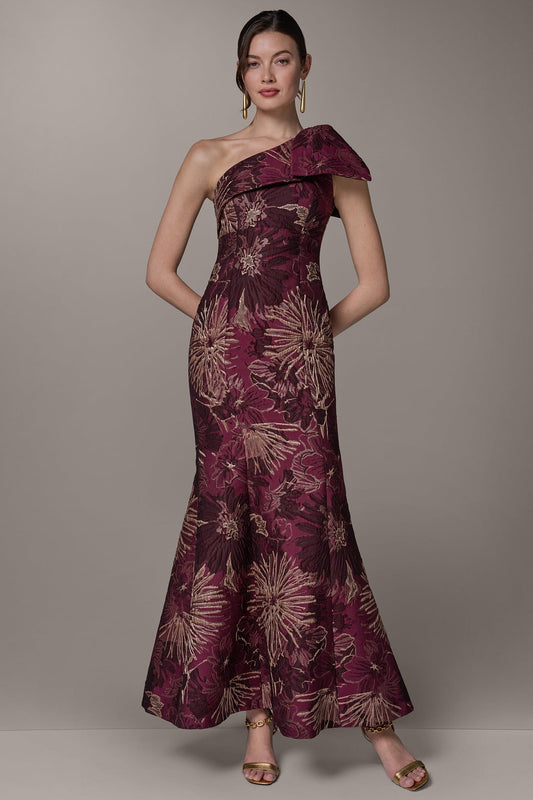 ONE SHOULDER FLORAL TRUMPET GOWN - Prune Multi