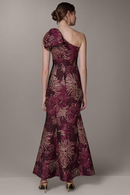 ONE SHOULDER FLORAL TRUMPET GOWN - Prune Multi