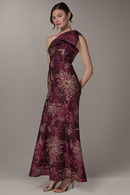ONE SHOULDER FLORAL TRUMPET GOWN - Prune Multi