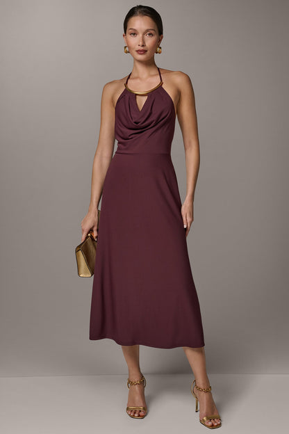 SLEEVELESS COWL NECK MIDI HALTER DRESS - Prune