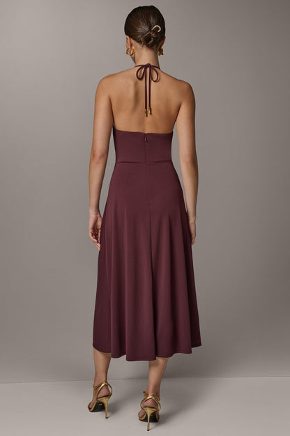 SLEEVELESS COWL NECK MIDI HALTER DRESS - Prune