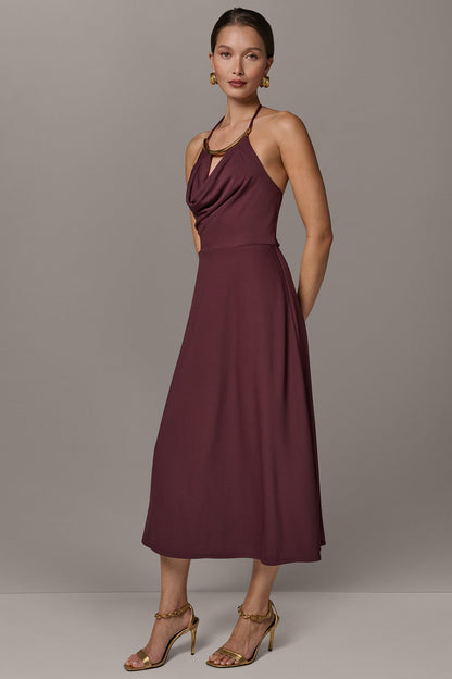 SLEEVELESS COWL NECK MIDI HALTER DRESS - Prune