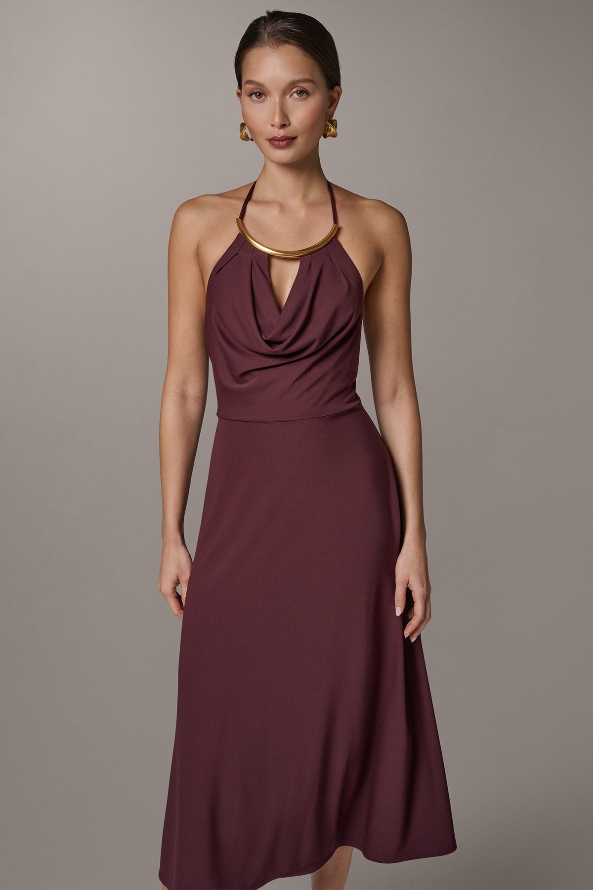 SLEEVELESS COWL NECK MIDI HALTER DRESS - Prune