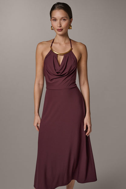 SLEEVELESS COWL NECK MIDI HALTER DRESS - Prune