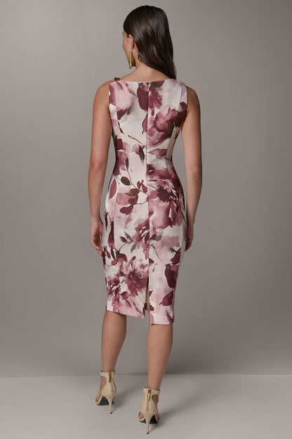 SLEEVELESS ASYMMETRIC FLORAL MIDI SHEATH DRESS - Desert Clay Multi