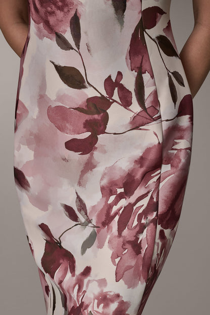 SLEEVELESS ASYMMETRIC FLORAL MIDI SHEATH DRESS - Desert Clay Multi