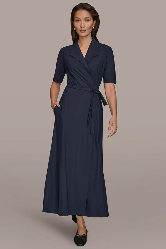 THE MODERN TRAVEL ELBOW-SLEEVE MIDI WRAP DRESS - NIGHTFALL