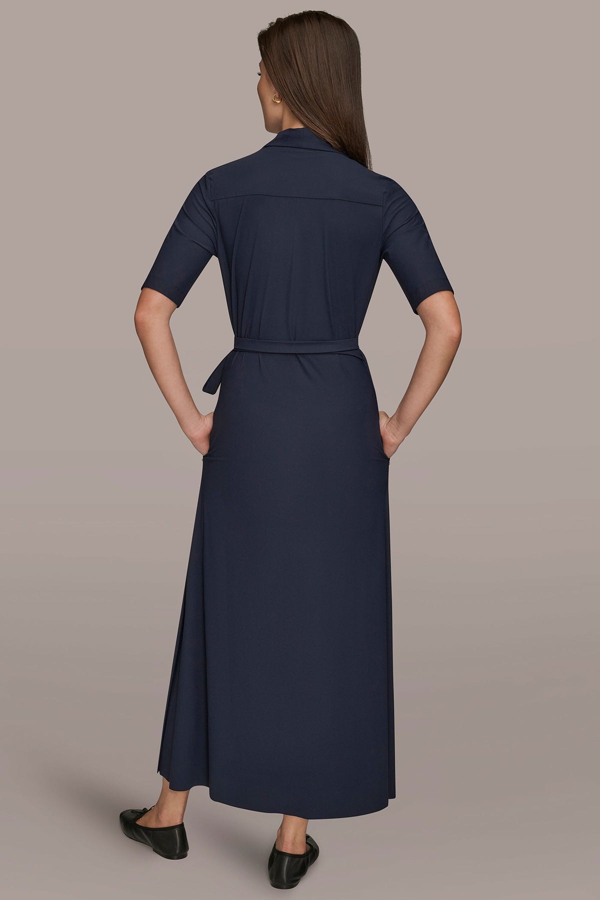THE MODERN TRAVEL ELBOW-SLEEVE MIDI WRAP DRESS - NIGHTFALL