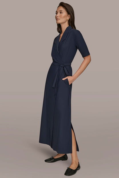 THE MODERN TRAVEL ELBOW-SLEEVE MIDI WRAP DRESS - NIGHTFALL