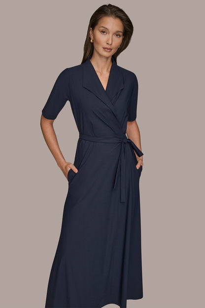 THE MODERN TRAVEL ELBOW-SLEEVE MIDI WRAP DRESS - NIGHTFALL