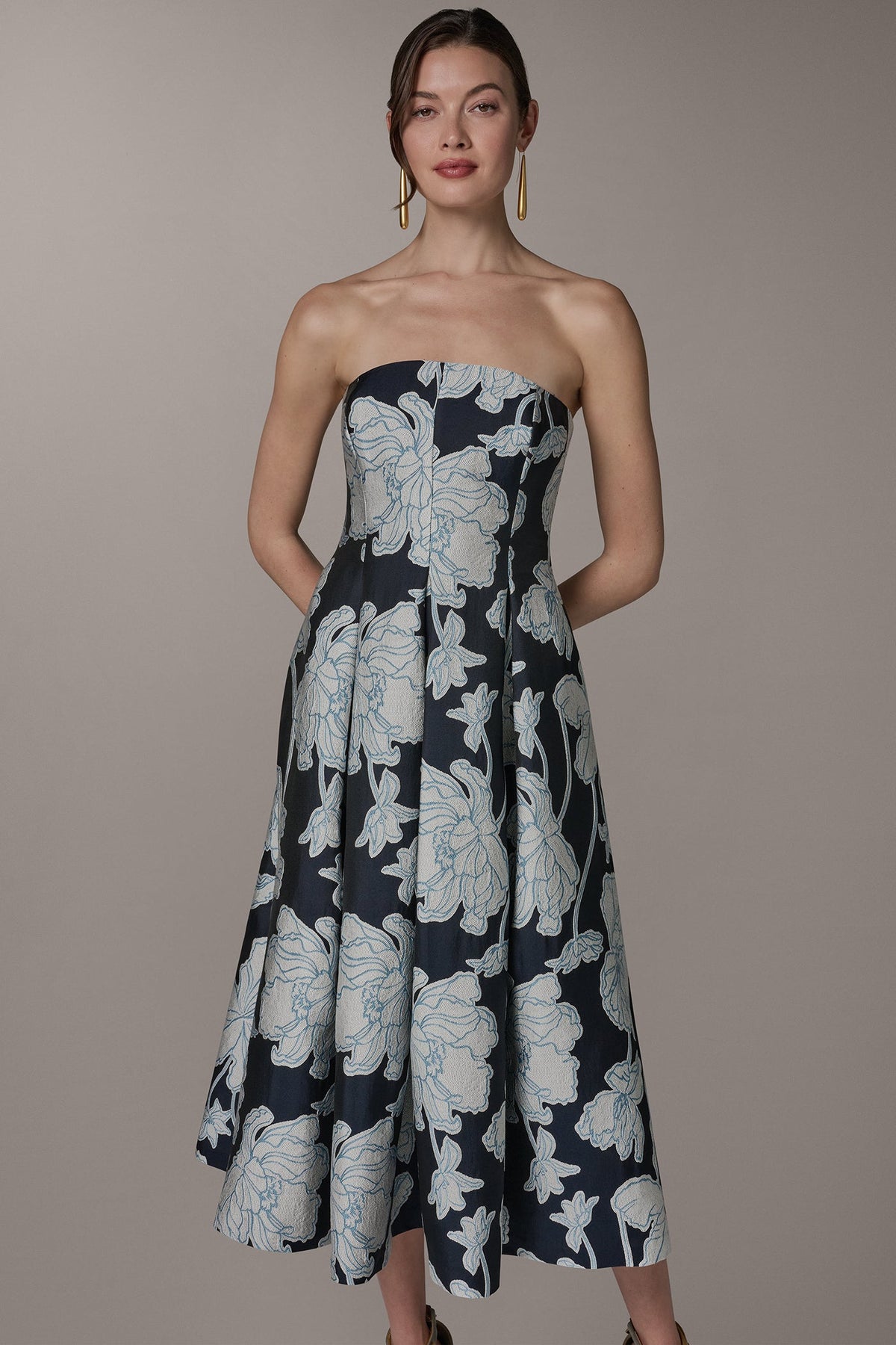 STRAPLESS MIDI FIT AND FLARE DRESS - Nightfall/Cream