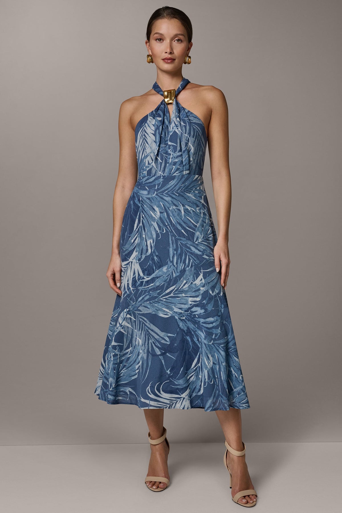 SLEEVELESS PRINT MIDI HALTER DRESS - Nightfall Multi