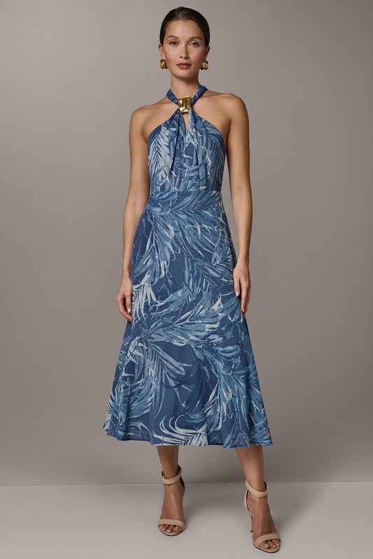 SLEEVELESS PRINT MIDI HALTER DRESS - Nightfall Multi