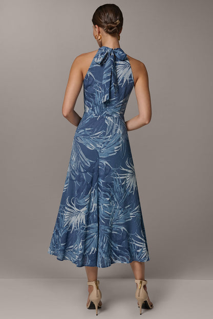 SLEEVELESS PRINT MIDI HALTER DRESS - Nightfall Multi